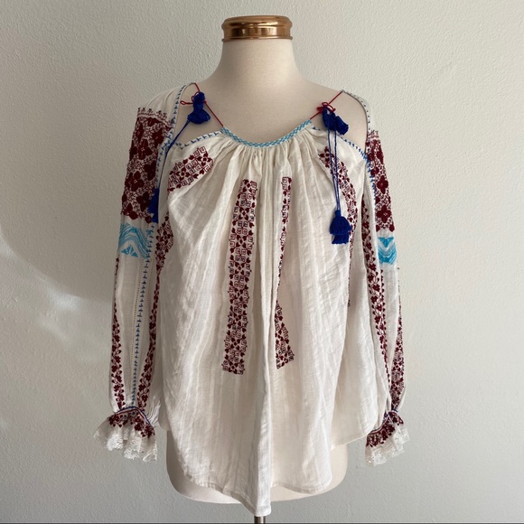 Ulla Johnson | Mila Embroidered Boho Blouse Top With Tassels - Picture 2 of 8